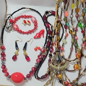 Elegant Red and Black Beaded Necklace Lot